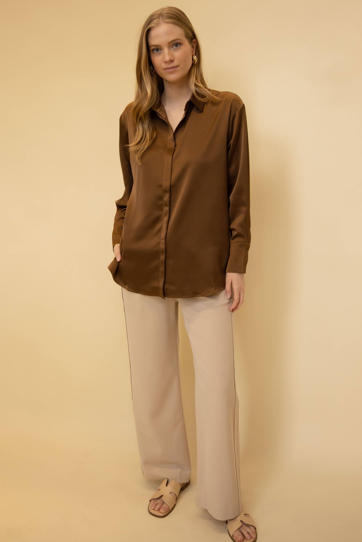 Satin Placket Cover Button Up Shirt