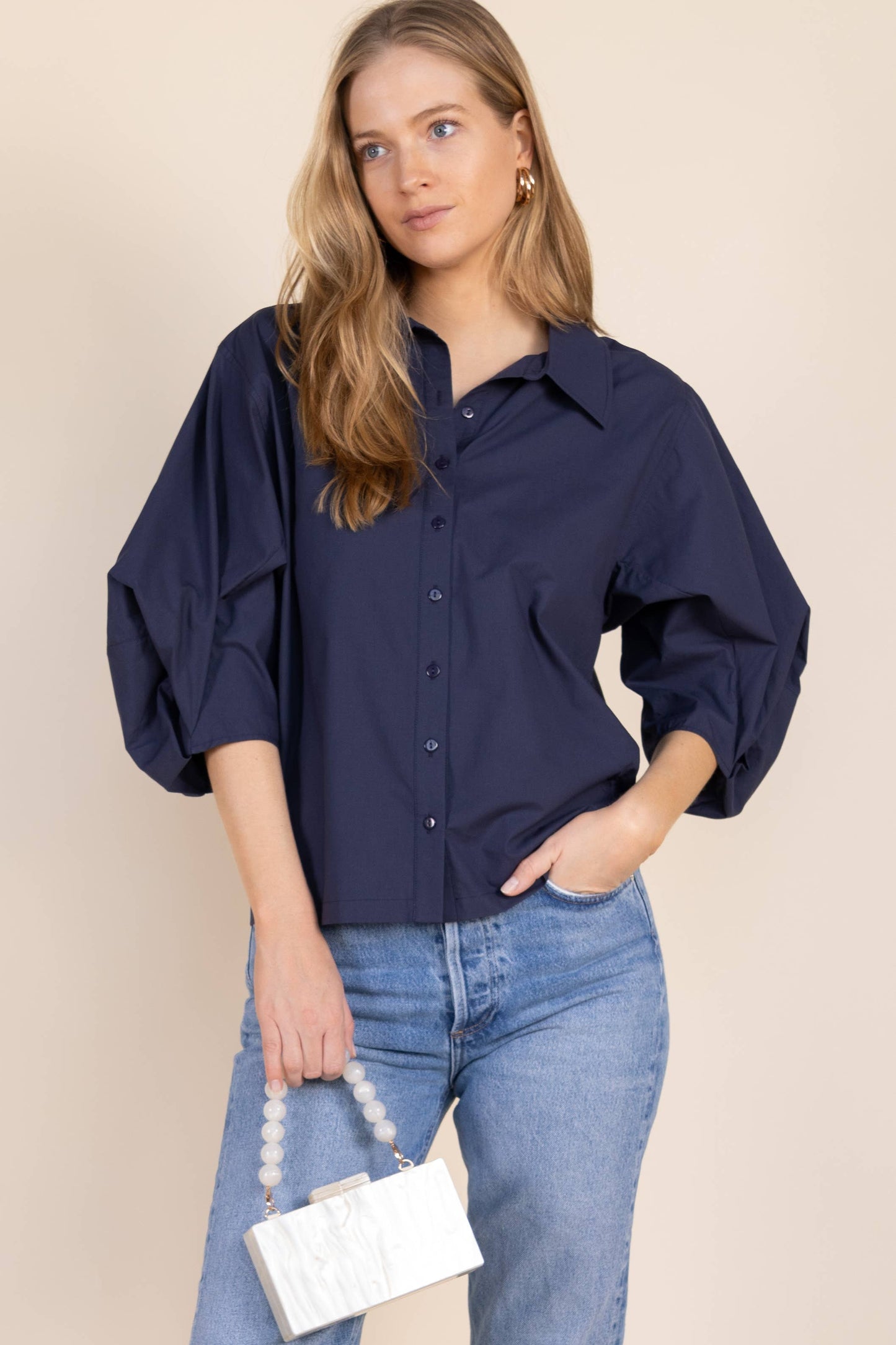 Poplin Bishop Sleeve Button Up Shirt