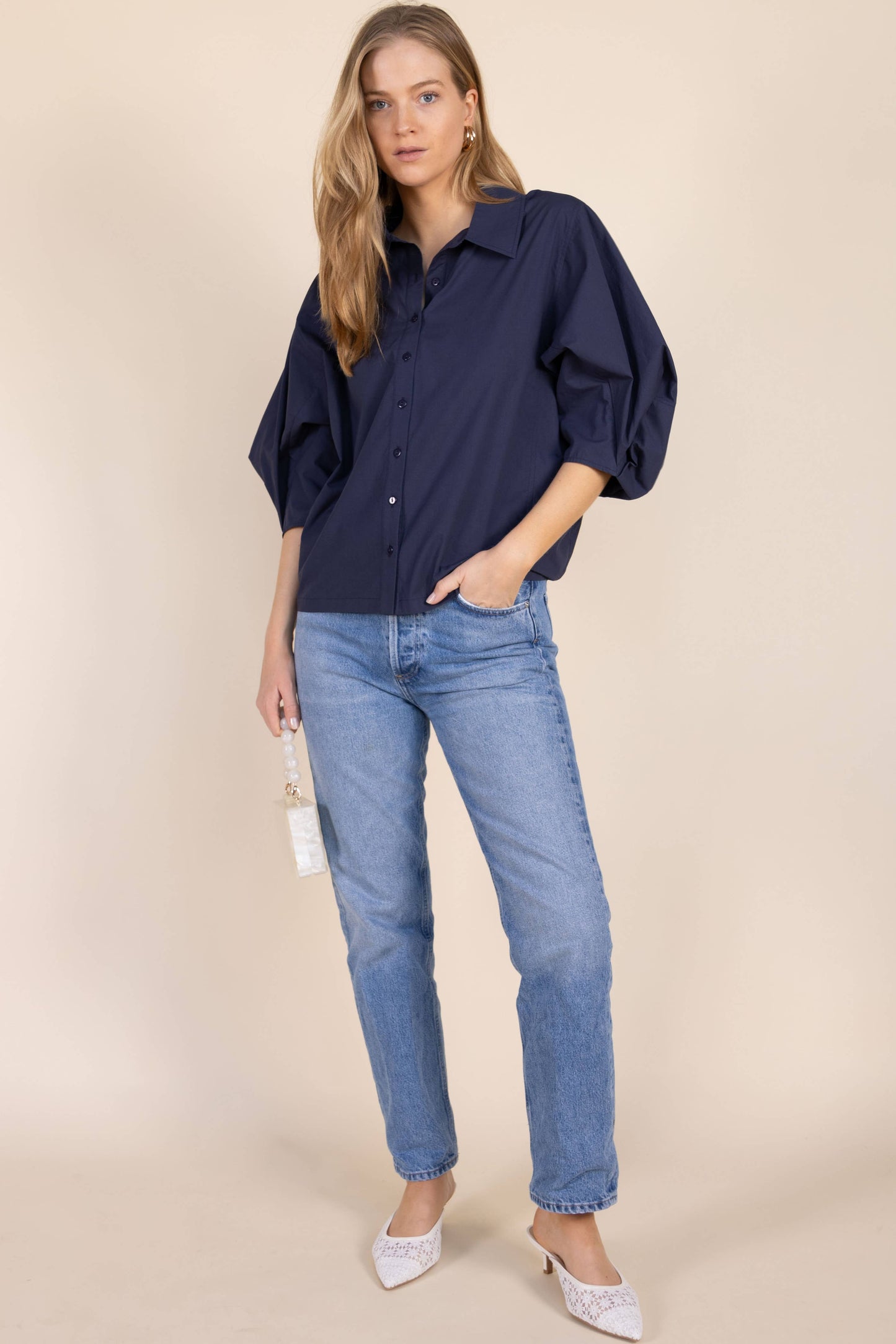 Poplin Bishop Sleeve Button Up Shirt