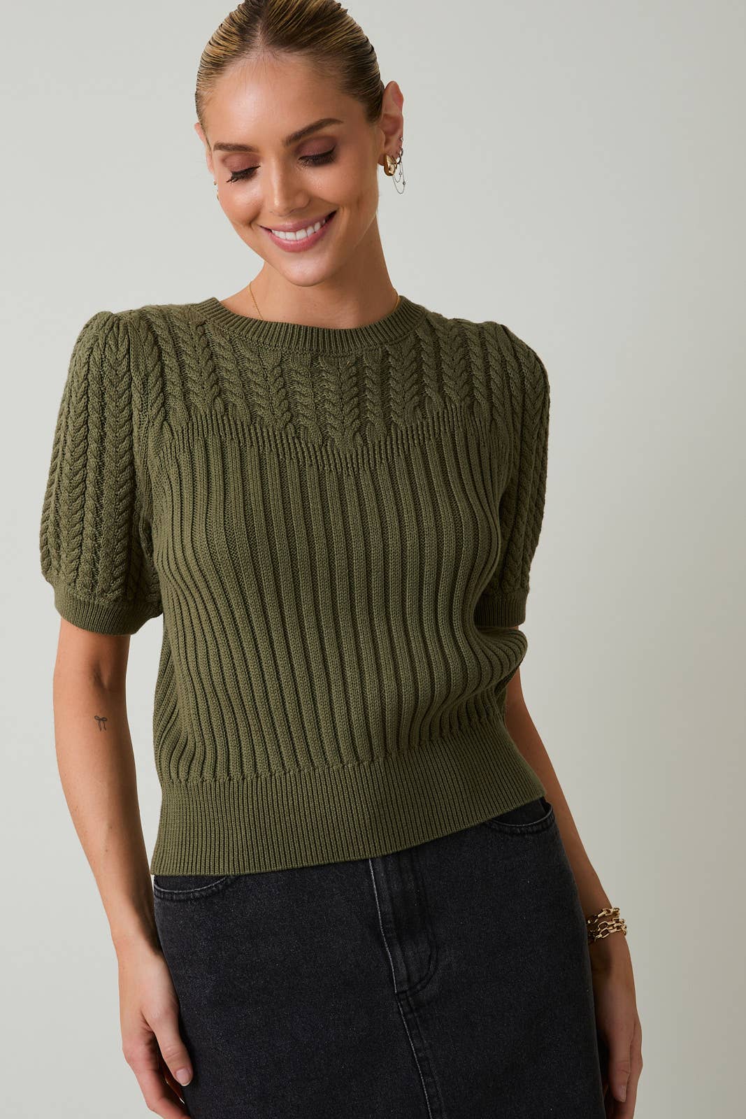 Short Sleeve Cable Knit Sweater