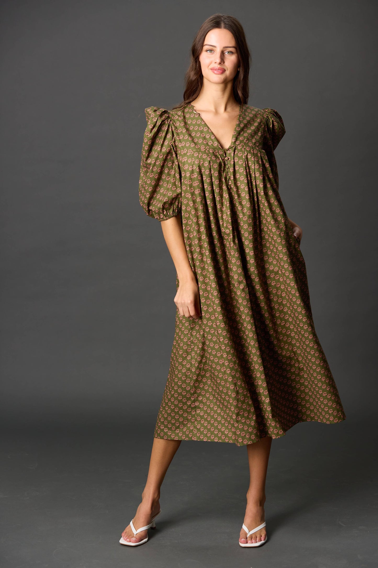 Poplin Puff Sleeve Midi Dress