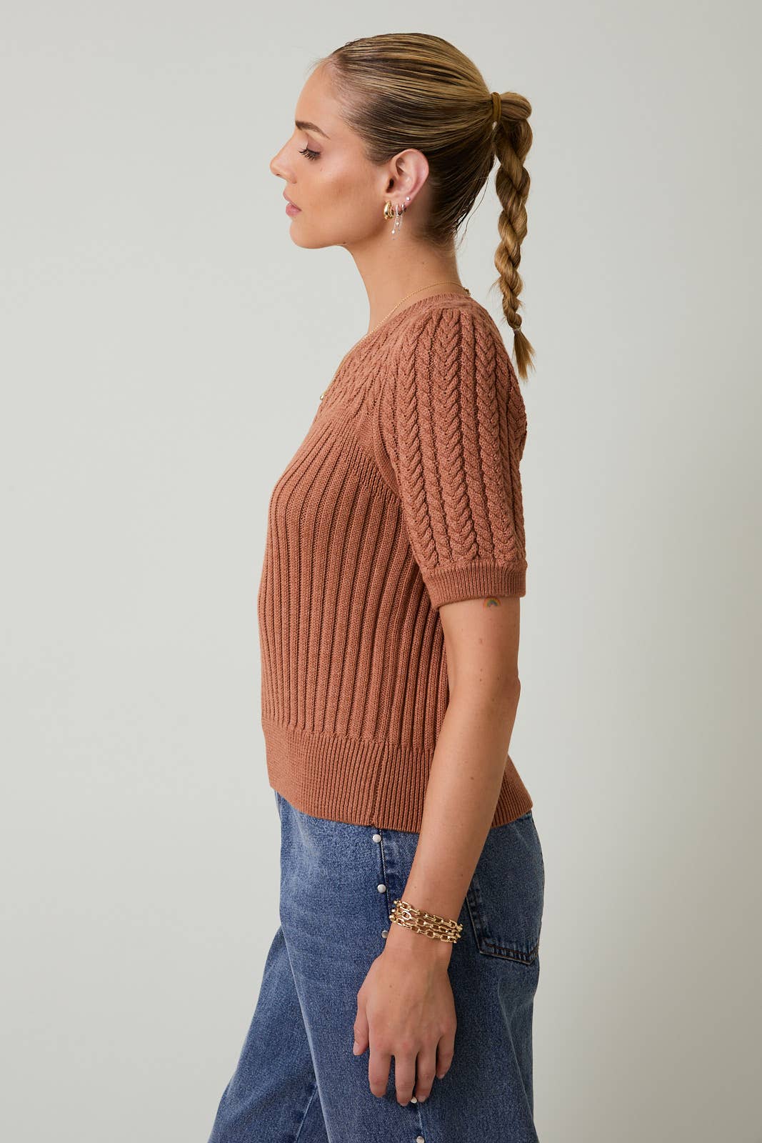 Short Sleeve Cable Knit Sweater