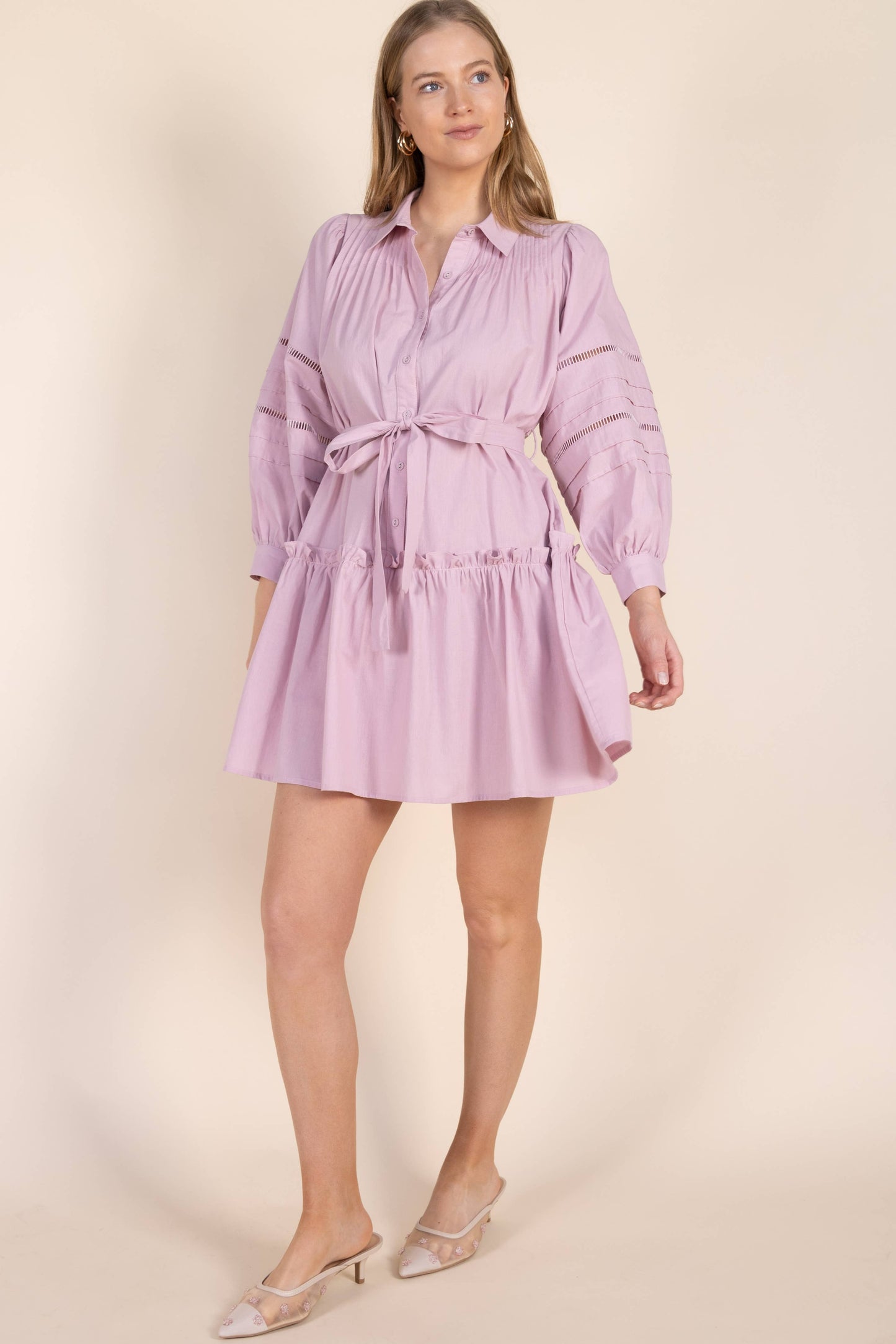 Poplin Eyelet Insert Buttonup Balloon Sleeve Dress