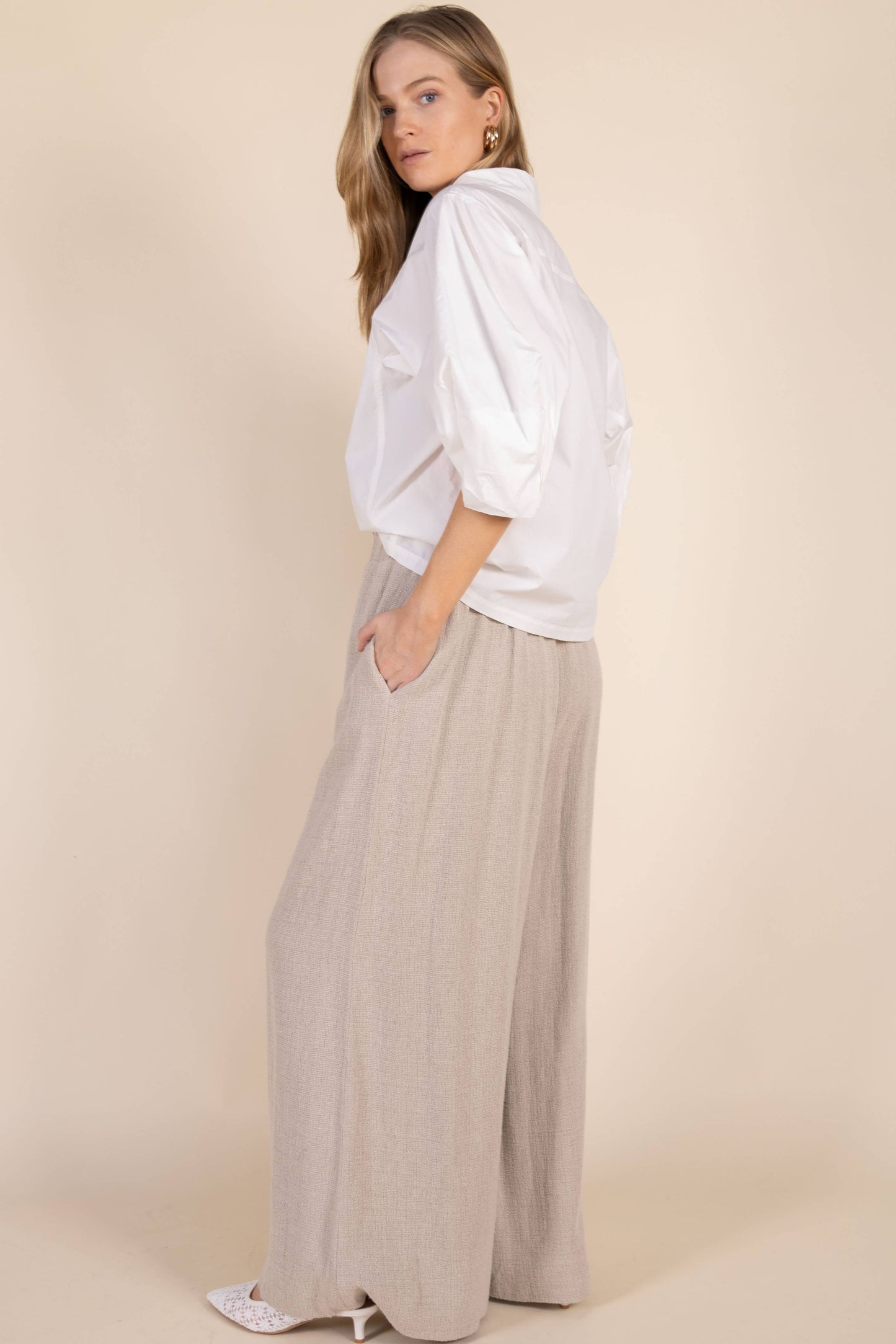 Poplin Bishop Sleeve Button Up Shirt