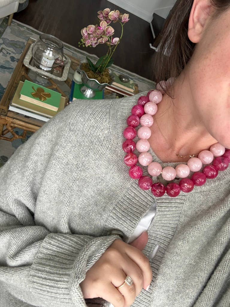 Chunky Beaded Necklace - Fuchsia Marble