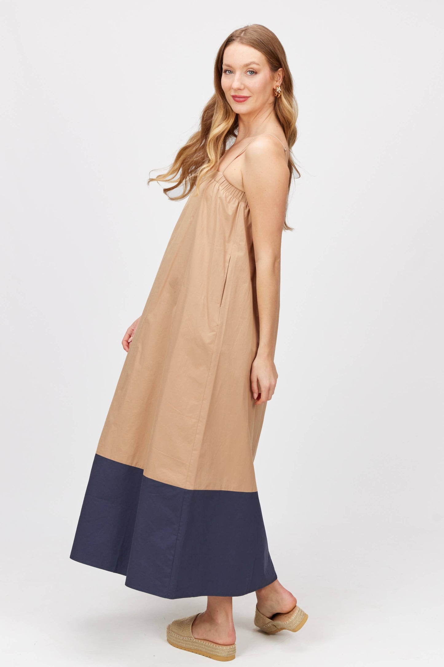 Poplin Colorblock Adjustable Strap Maxi Dress