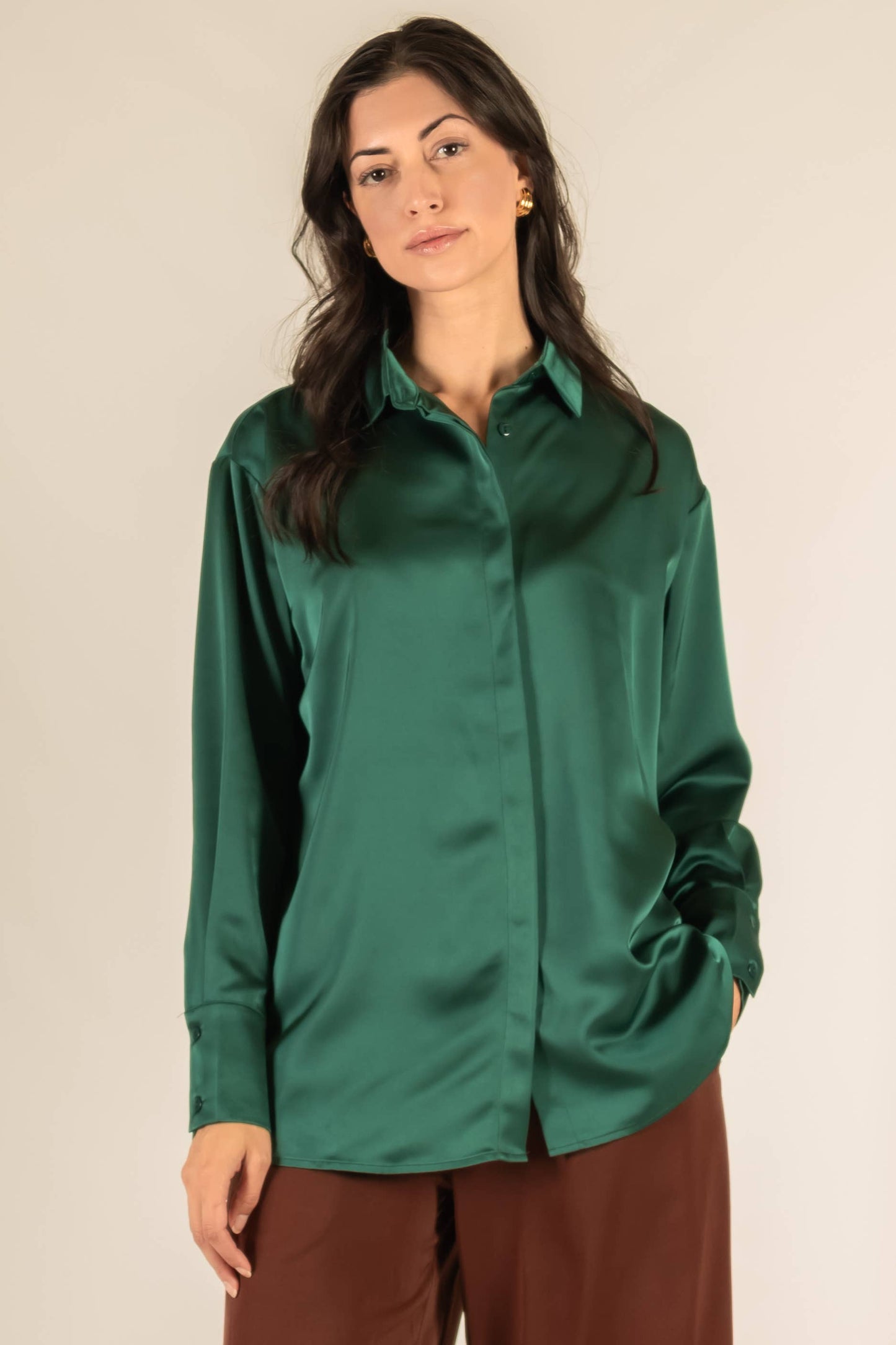 Satin Placket Cover Button Up Shirt