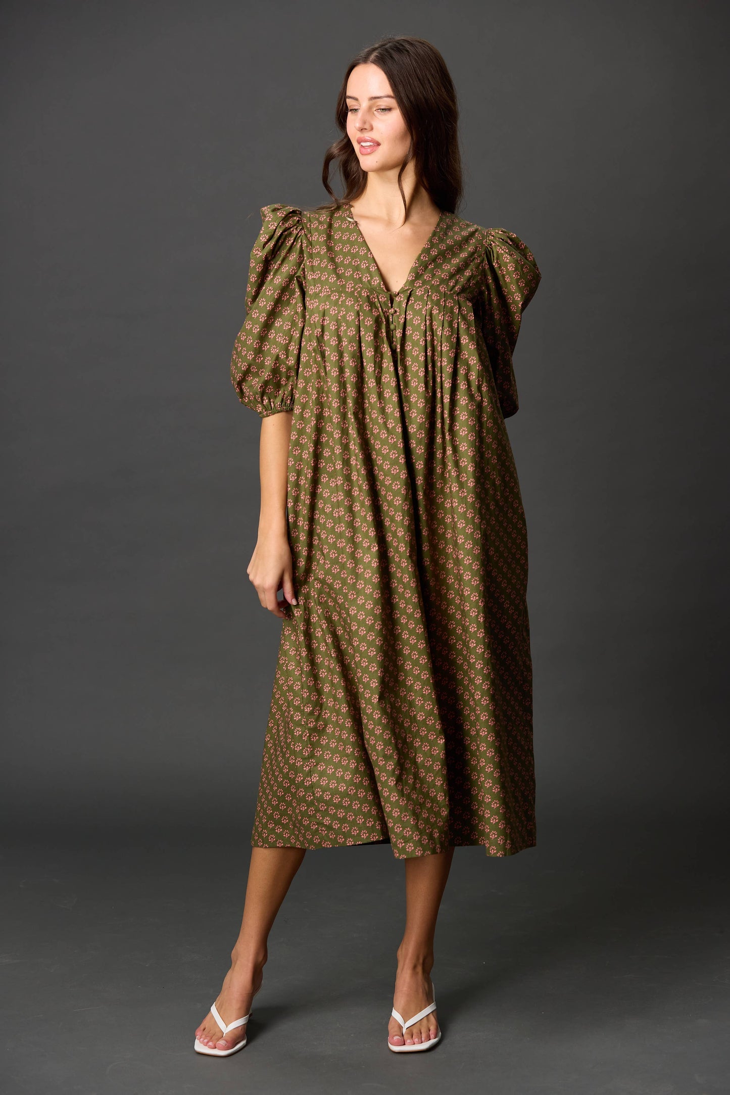Poplin Puff Sleeve Midi Dress