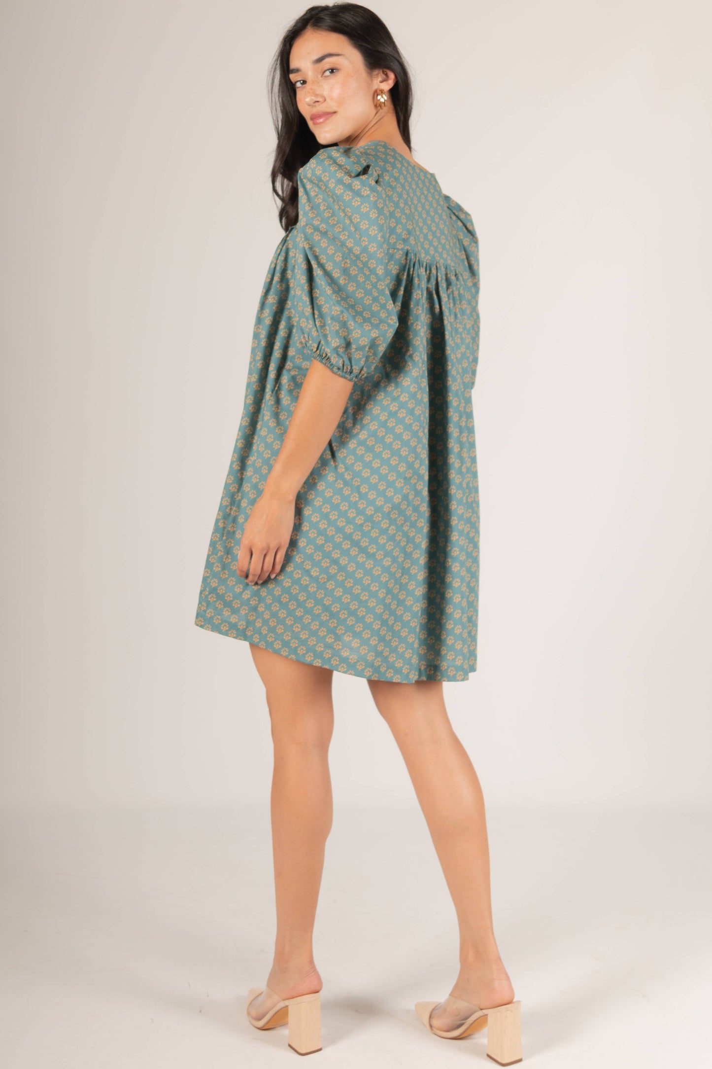 2-Tone Cotton Woven Puff Sleeve Dress