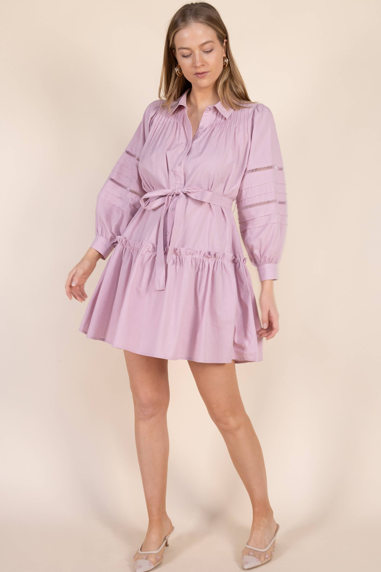 Poplin Eyelet Insert Buttonup Balloon Sleeve Dress