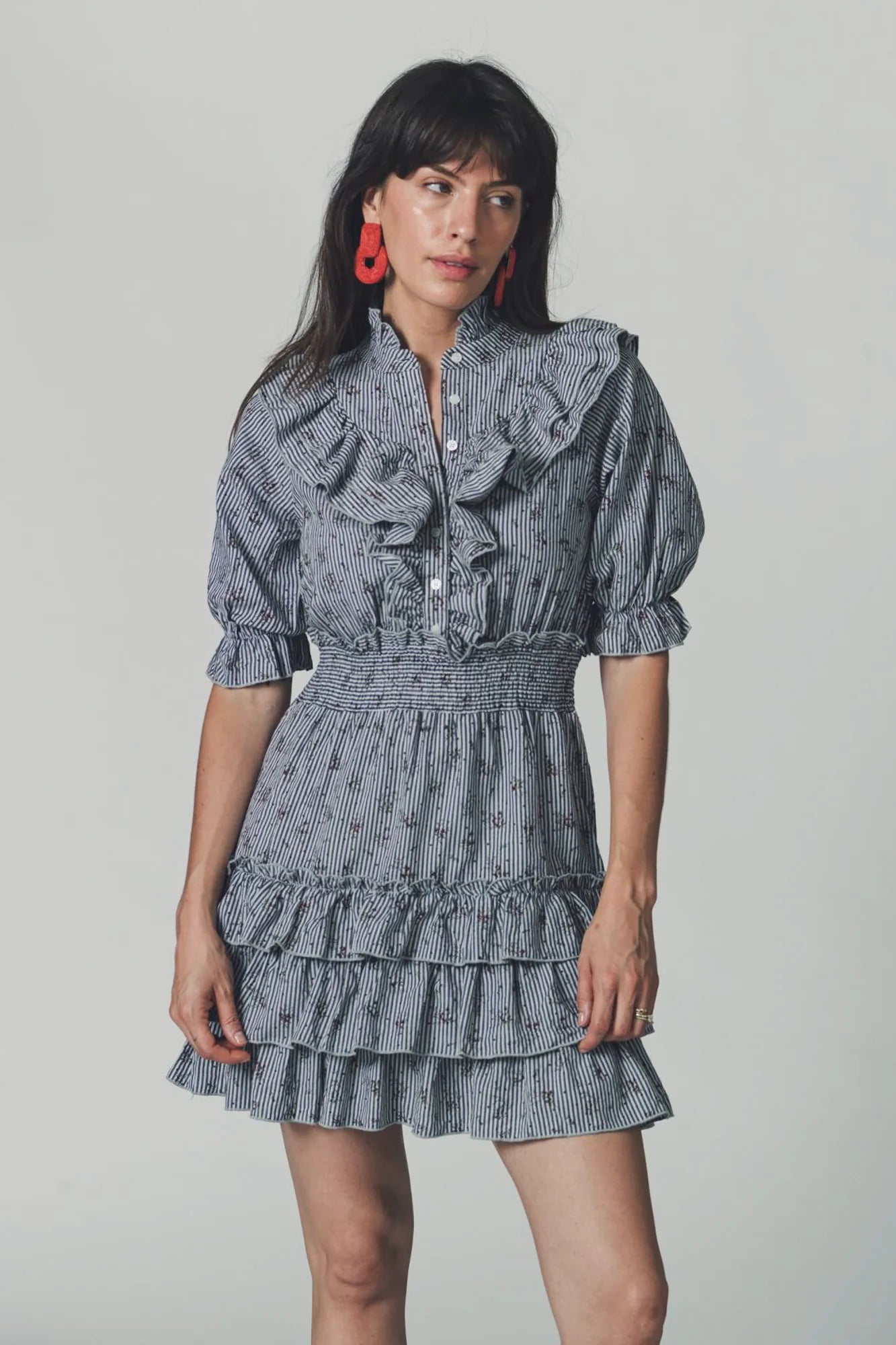 The Ruffled Tiered Minidress in Floral Stripe