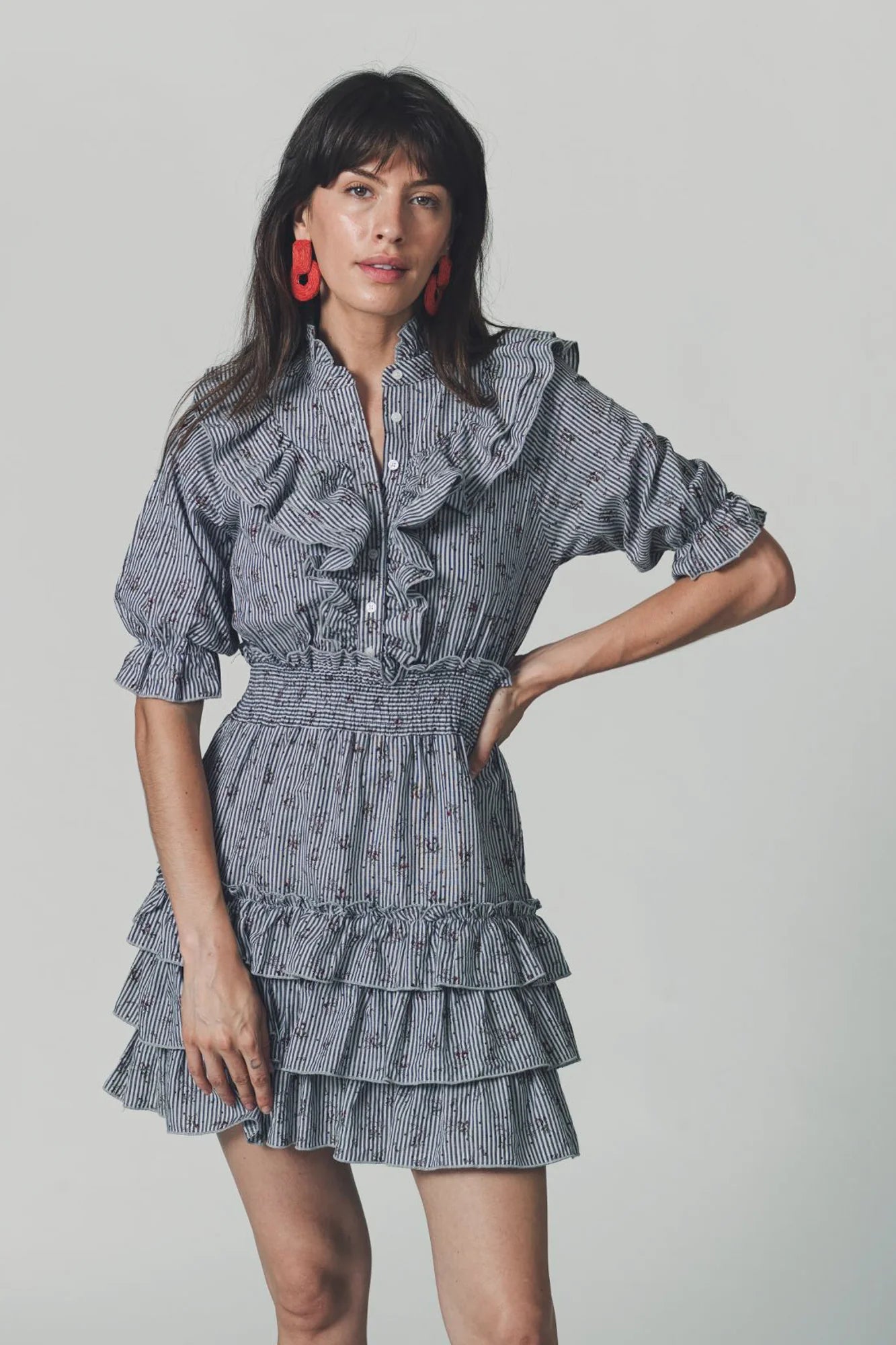 The Ruffled Tiered Minidress in Floral Stripe