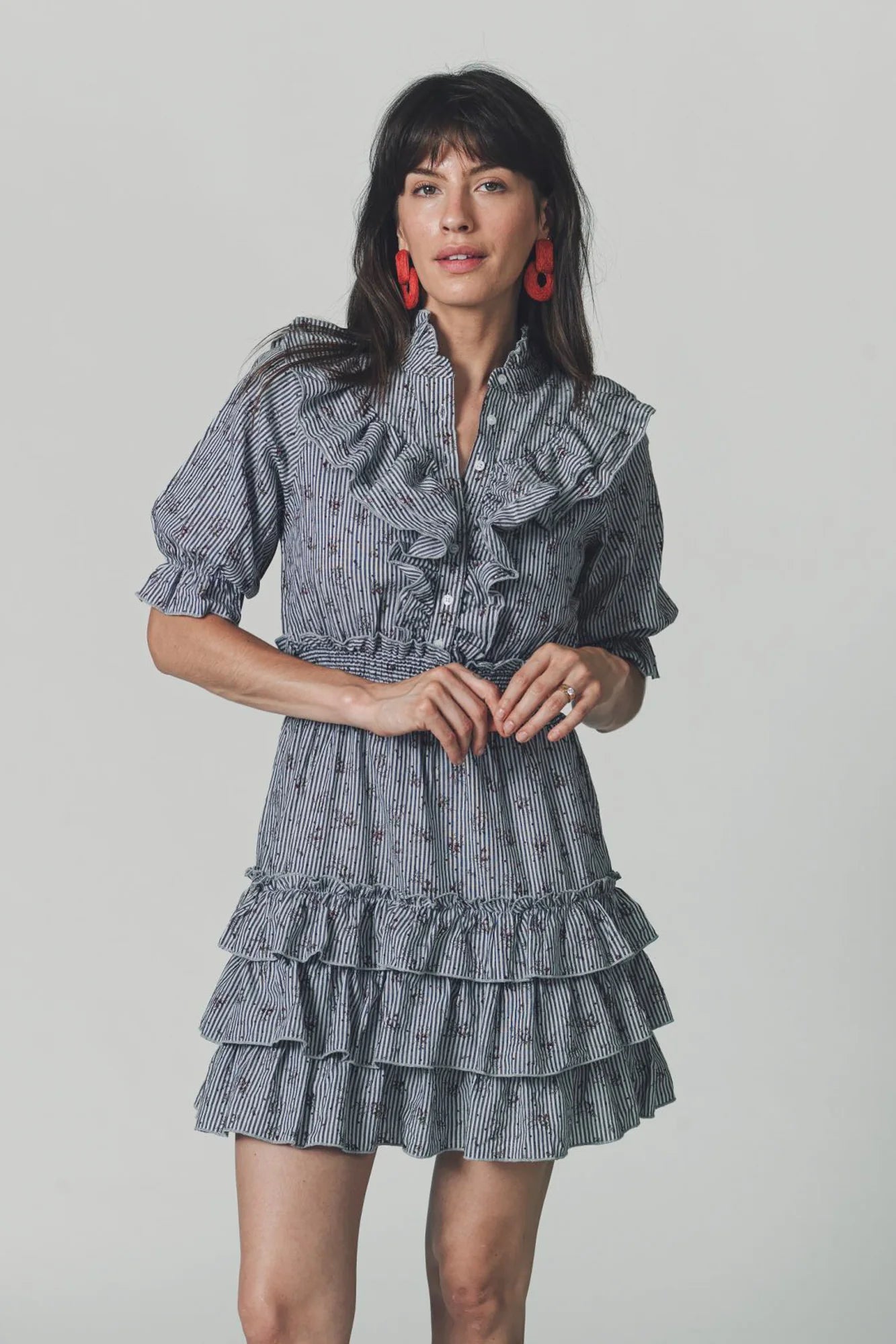 The Ruffled Tiered Minidress in Floral Stripe