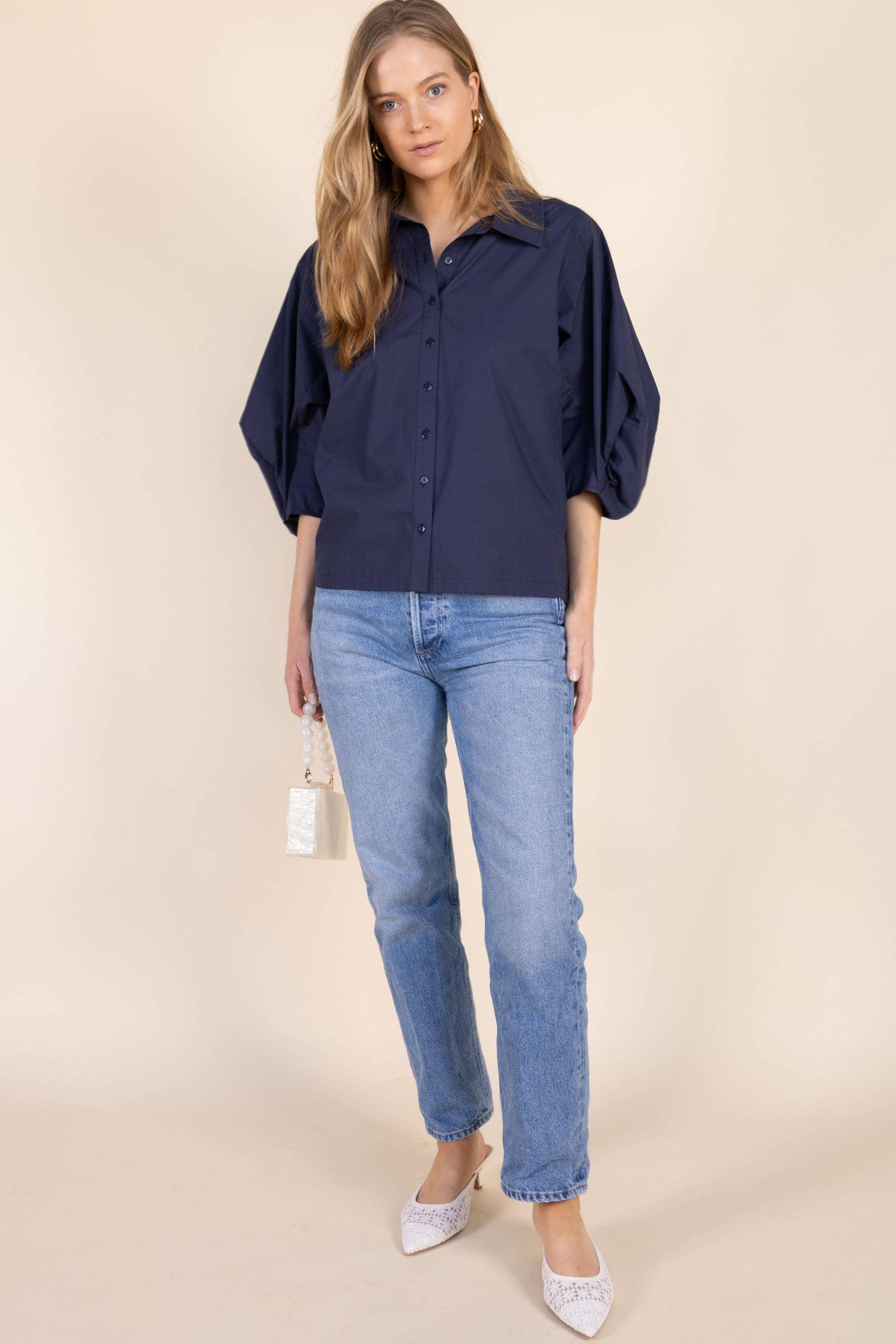 Poplin Bishop Sleeve Button Up Shirt