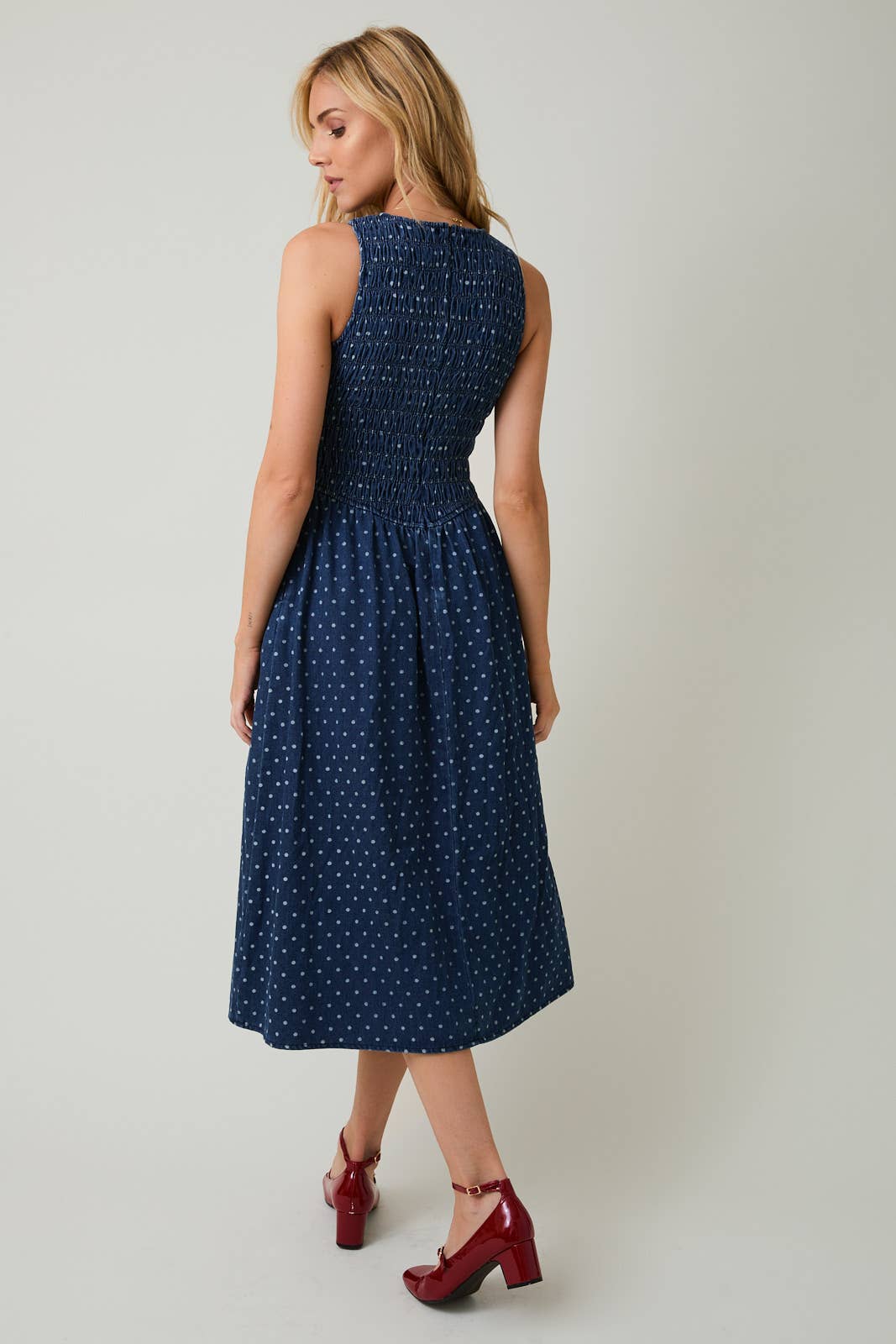 Denim Dot Smocked Midi Dress