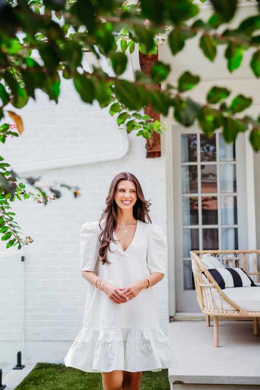 Denim Ruffle Bottom Dress in Ivory