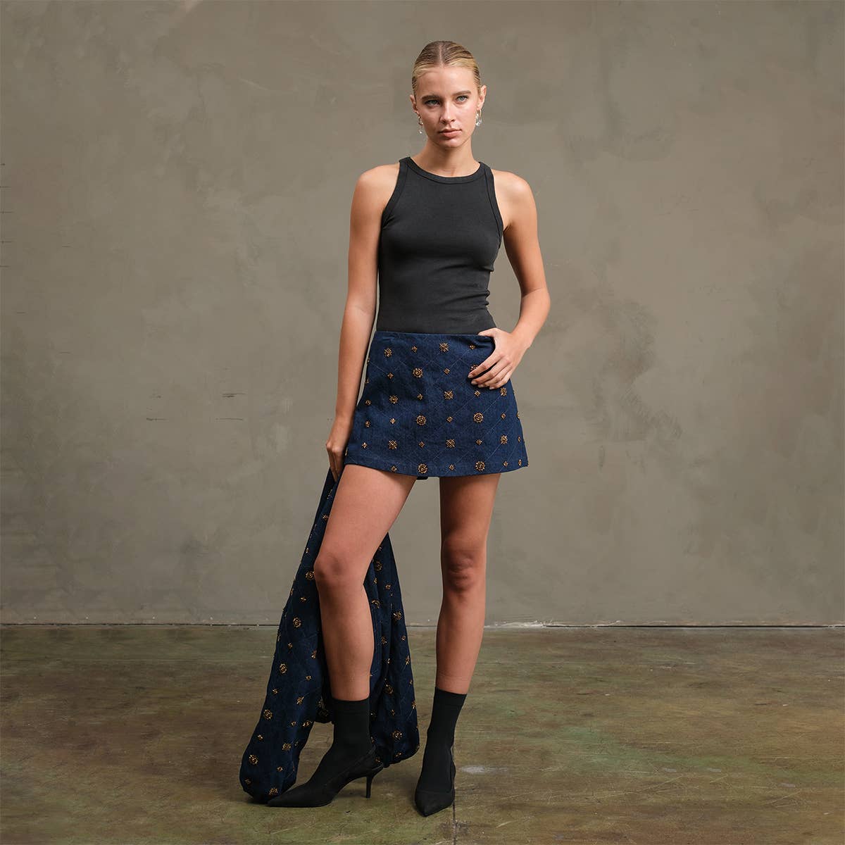 Embellished Quilted Denim Mini Skort