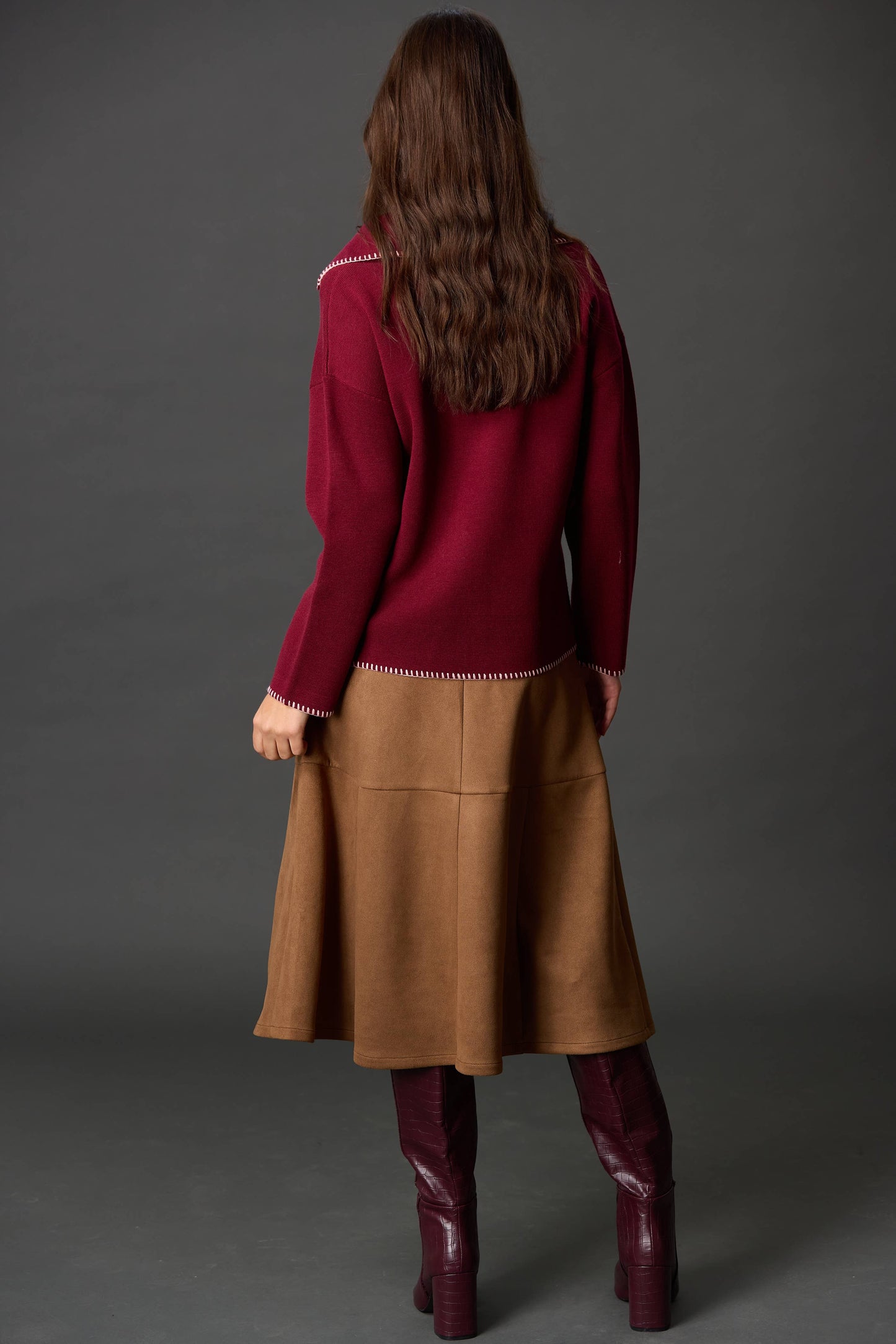 Wool Blend Blanket Stitch Detail Collared Knit Top