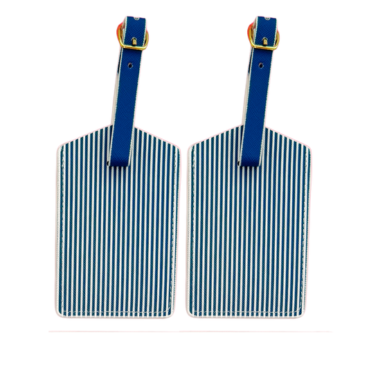 Navy Stripe Luggage Tag Set | Vegan Leather Travel Accessory | 2-Pack