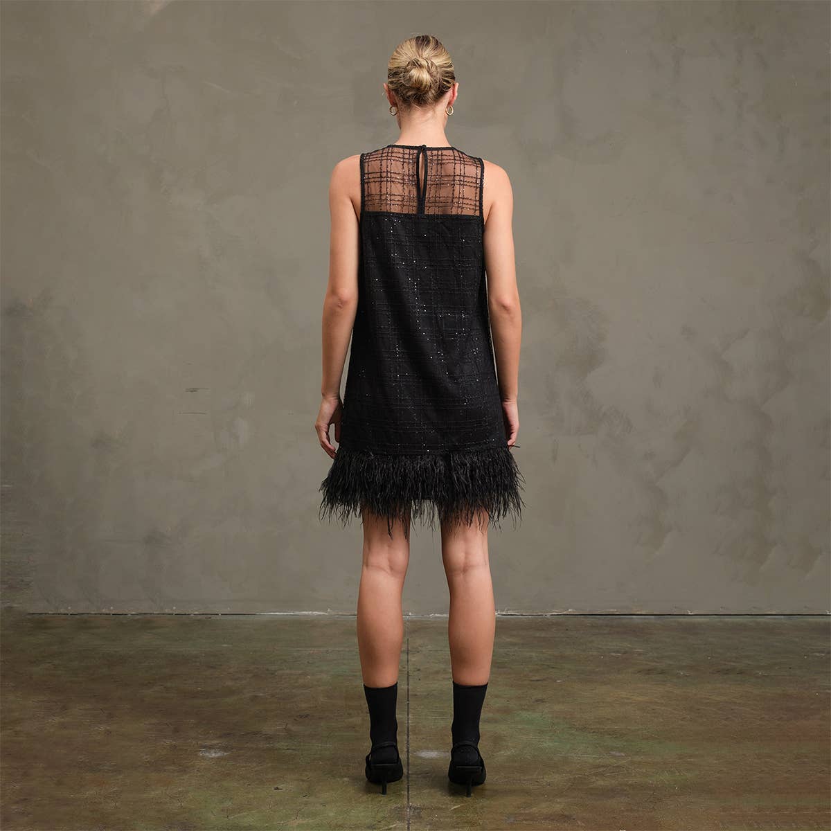 Holiday Dress With Feather Trim