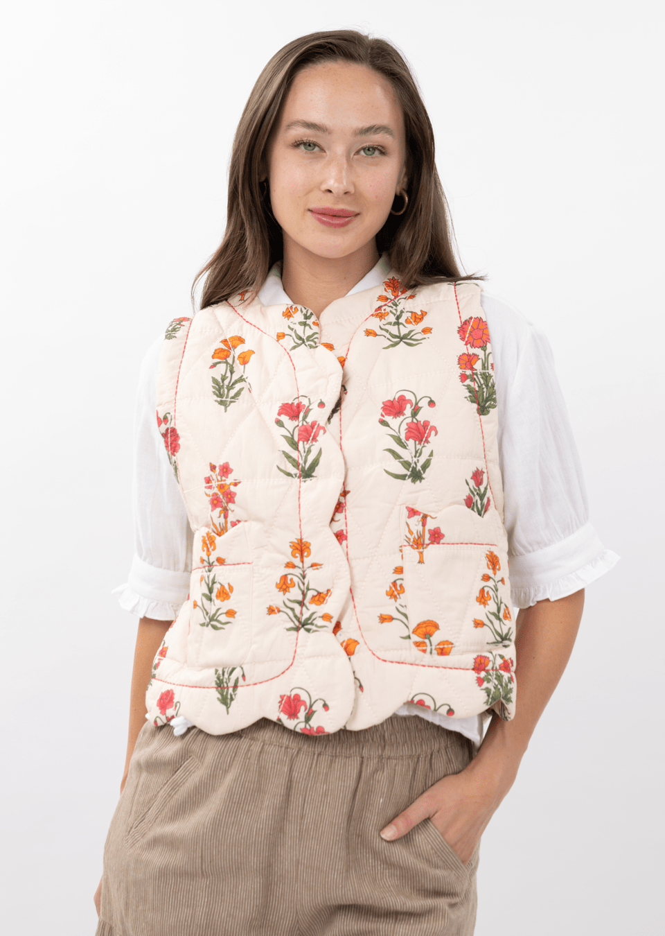 Scalloped Quilted Vest in Ivory Floral