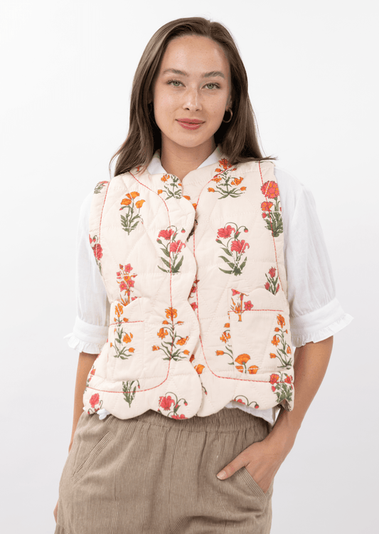 Scalloped Quilted Vest in Ivory Floral