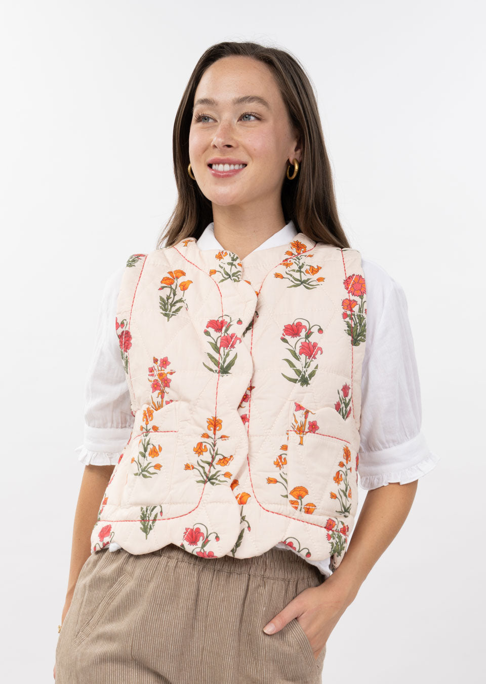 Scalloped Quilted Vest in Ivory Floral