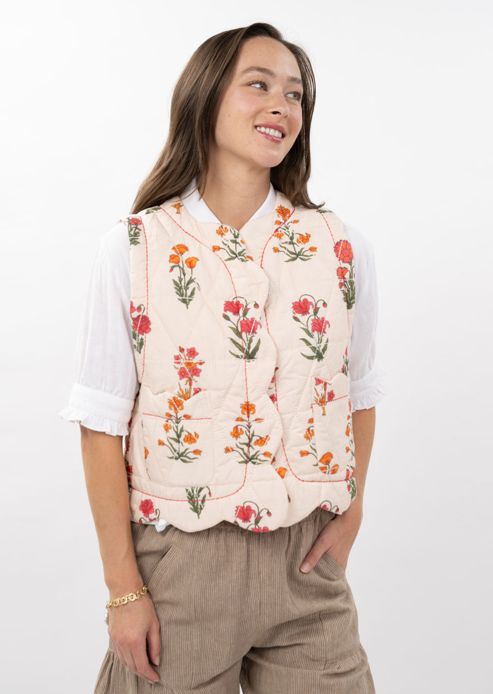 Scalloped Quilted Vest in Ivory Floral