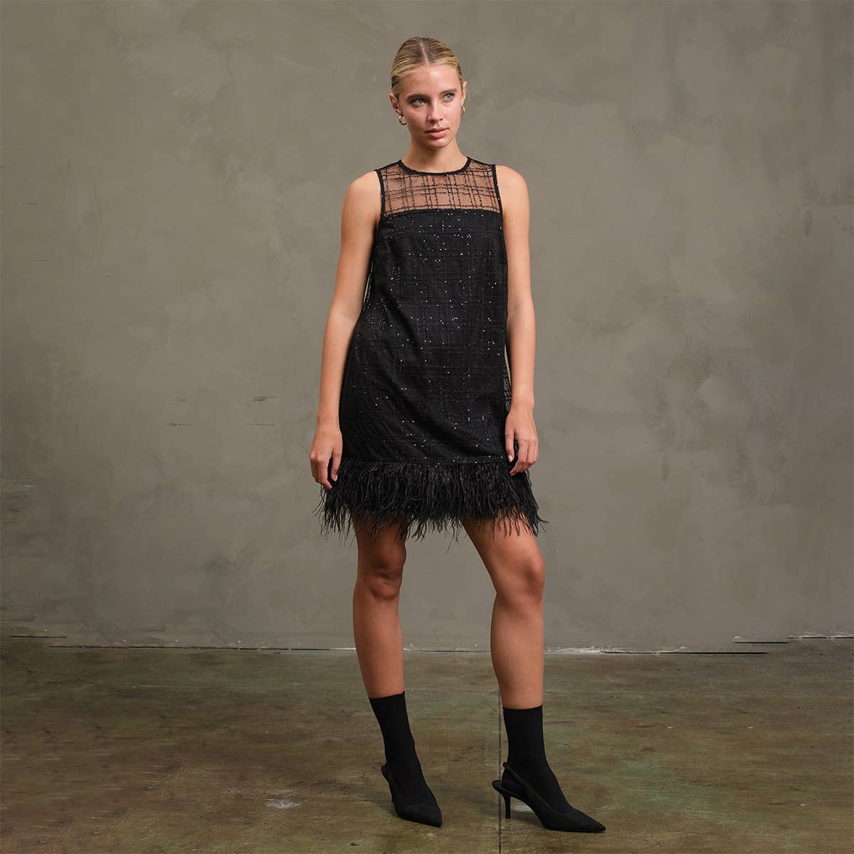 Holiday Dress With Feather Trim