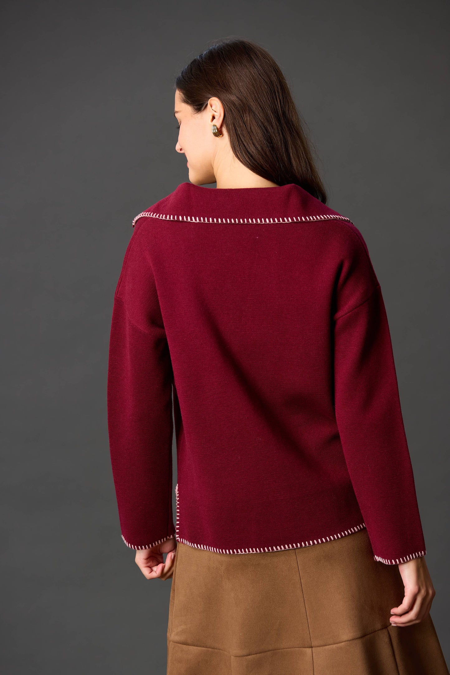 Wool Blend Blanket Stitch Detail Collared Knit Top