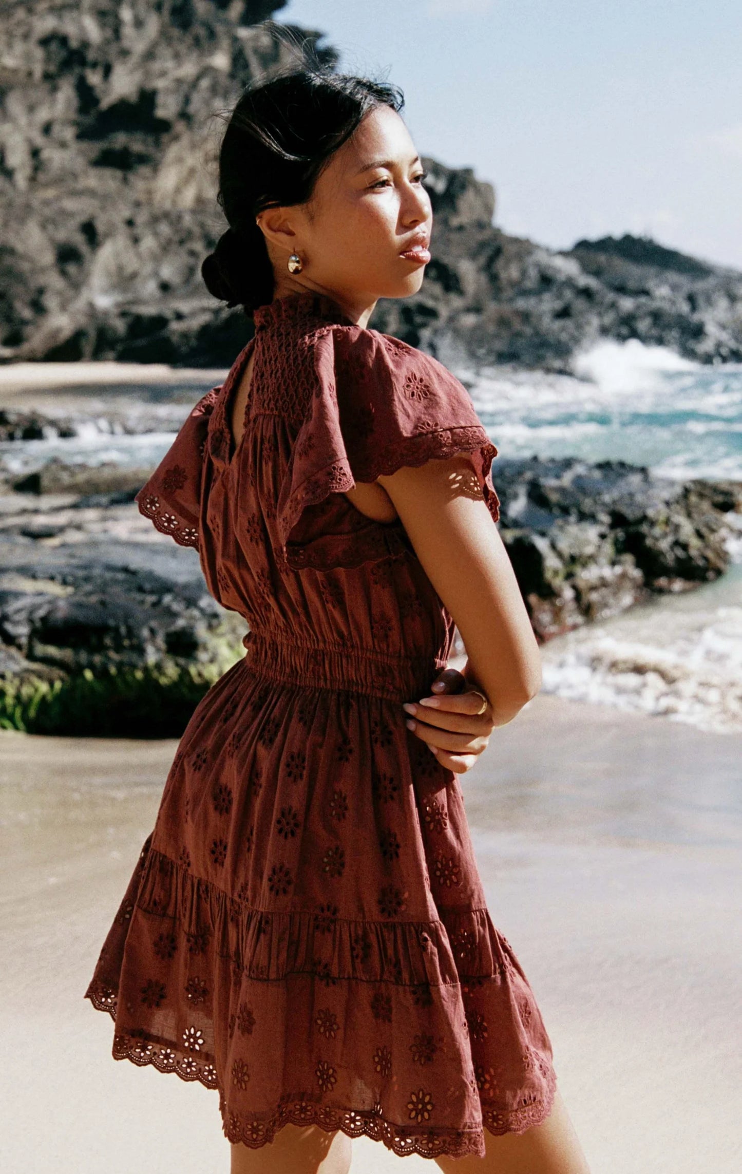 Aisha Mini Dress in Cinnamon Eyelet