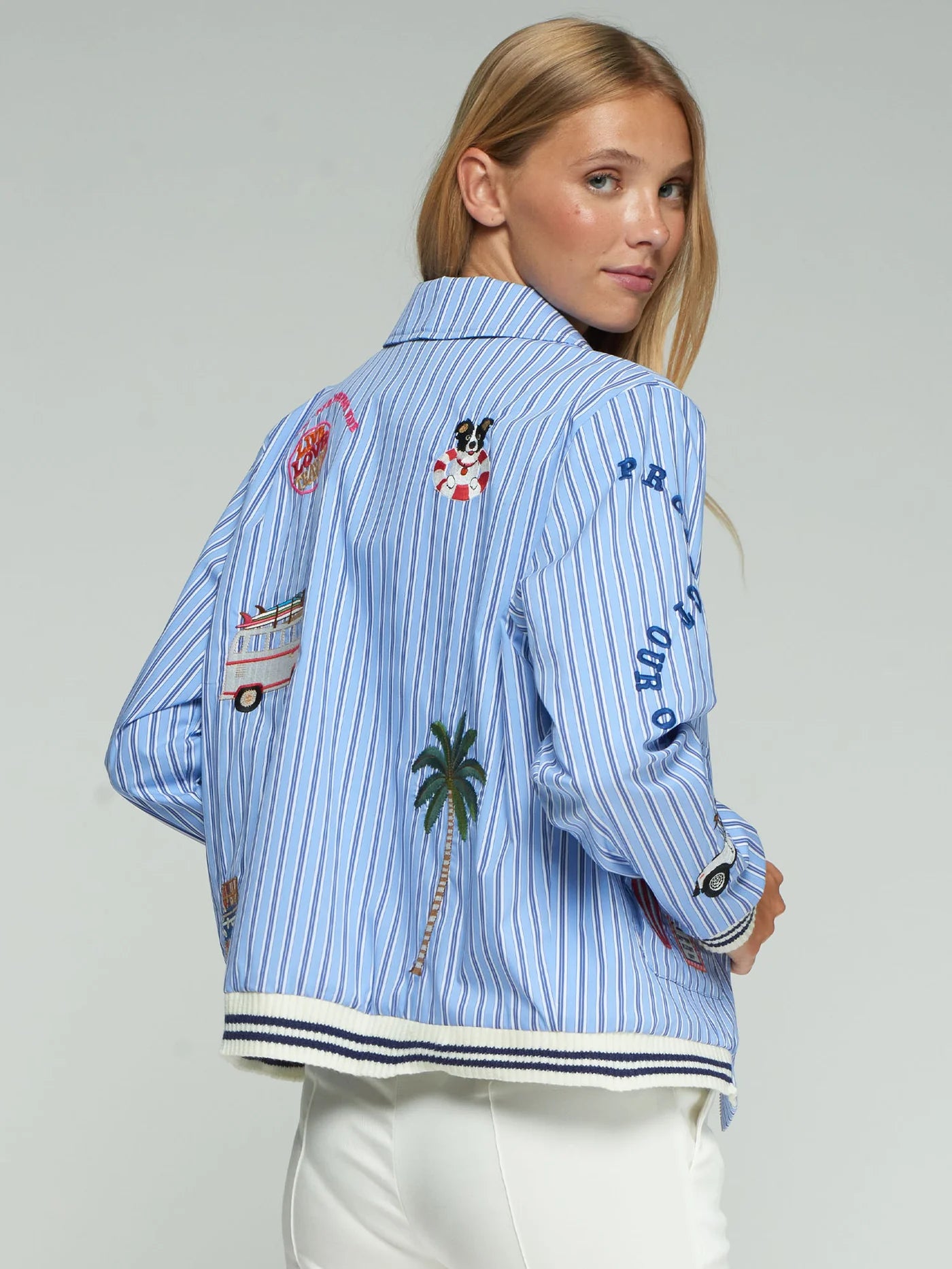 Blue Stripe Embroidered Bomber Jacket