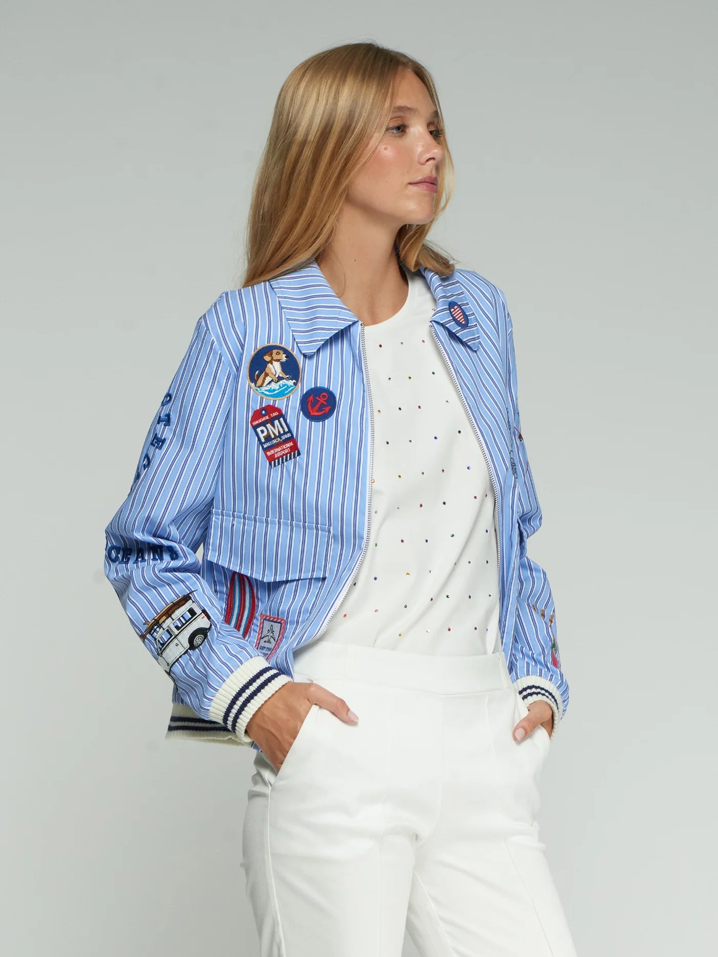 Blue Stripe Embroidered Bomber Jacket
