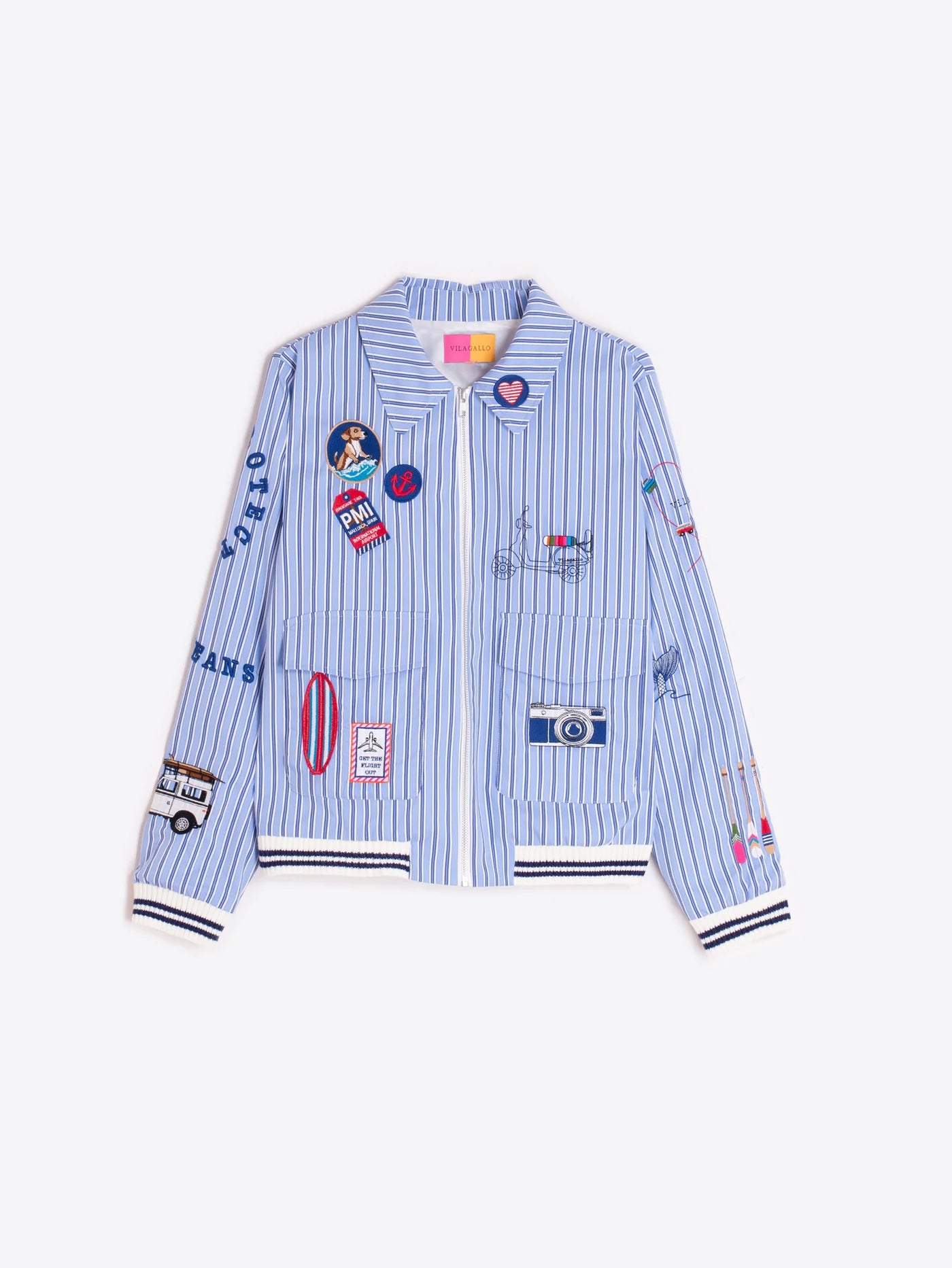 Blue Stripe Embroidered Bomber Jacket