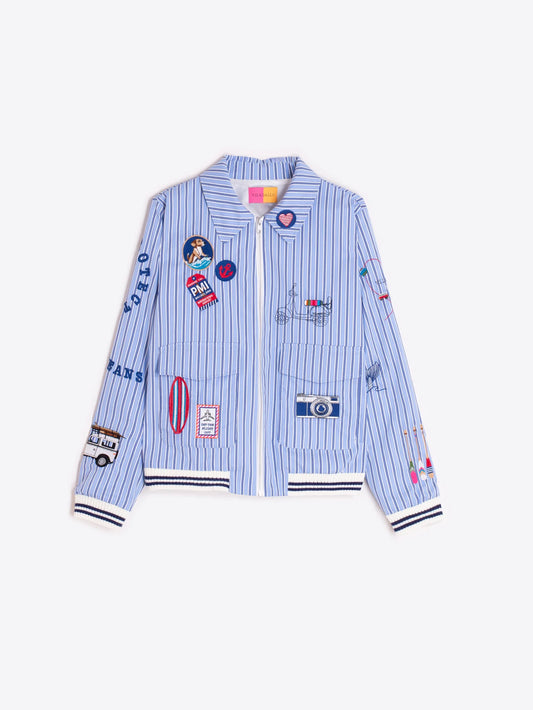 Blue Stripe Embroidered Bomber Jacket