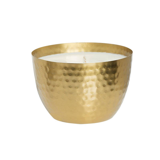 SOi Amber & Teakwood Round Gold 14oz Brass Hammered Bowl Candle