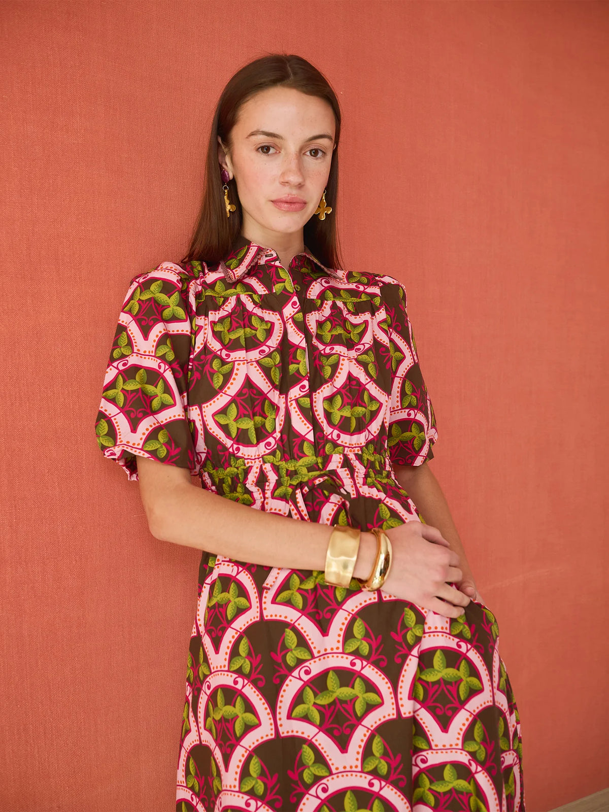 Banyan Puff Sleeve Midi Dress in Berry Vine