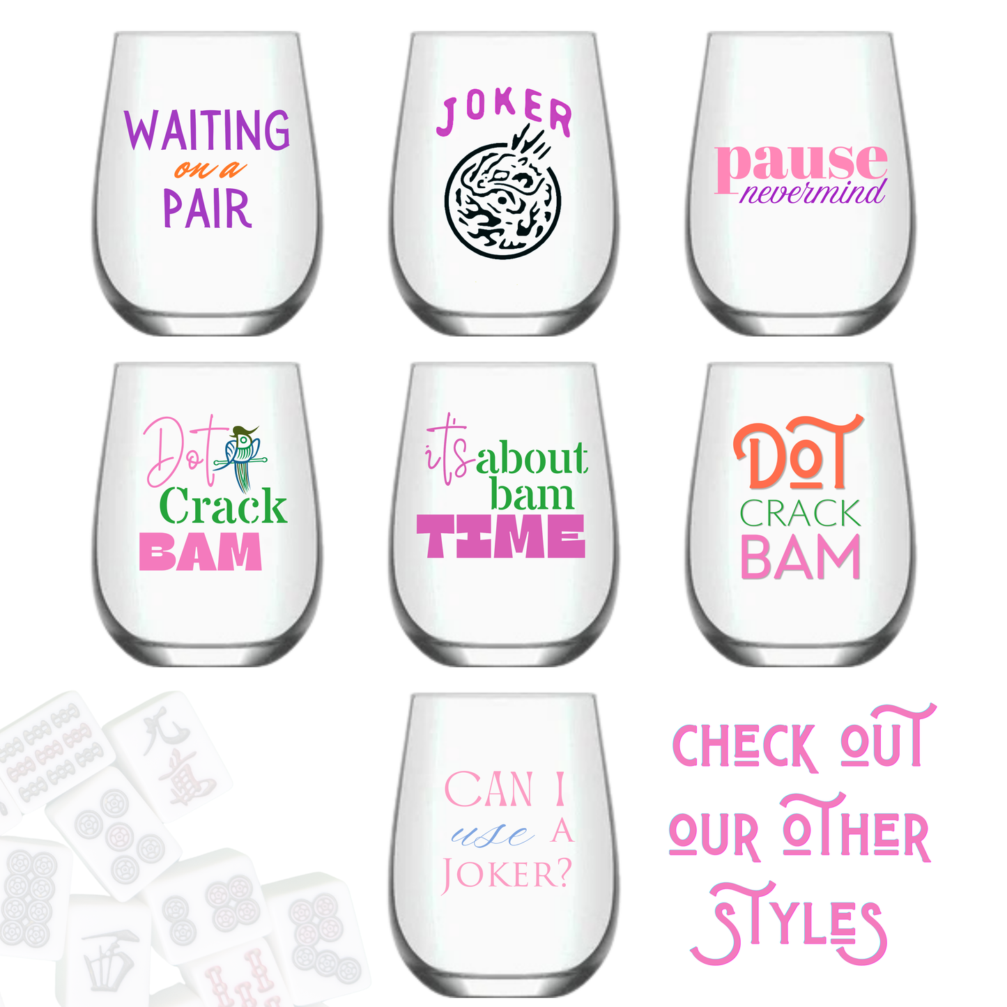 Mahjong Stemless Wine Glass "Dot Crack Bam" - Single
