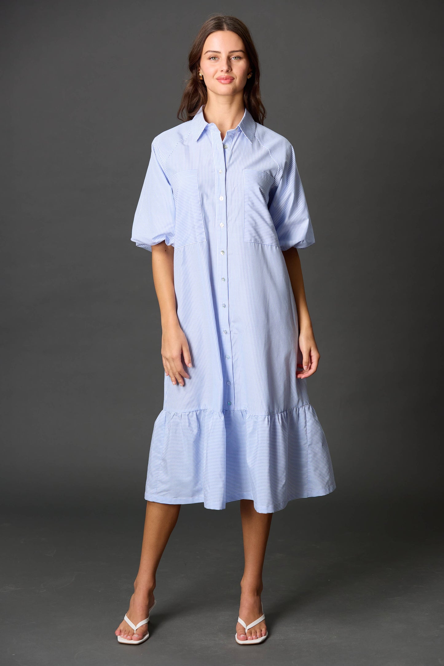 Striped Cotton Puff Sleeve Midi Dress