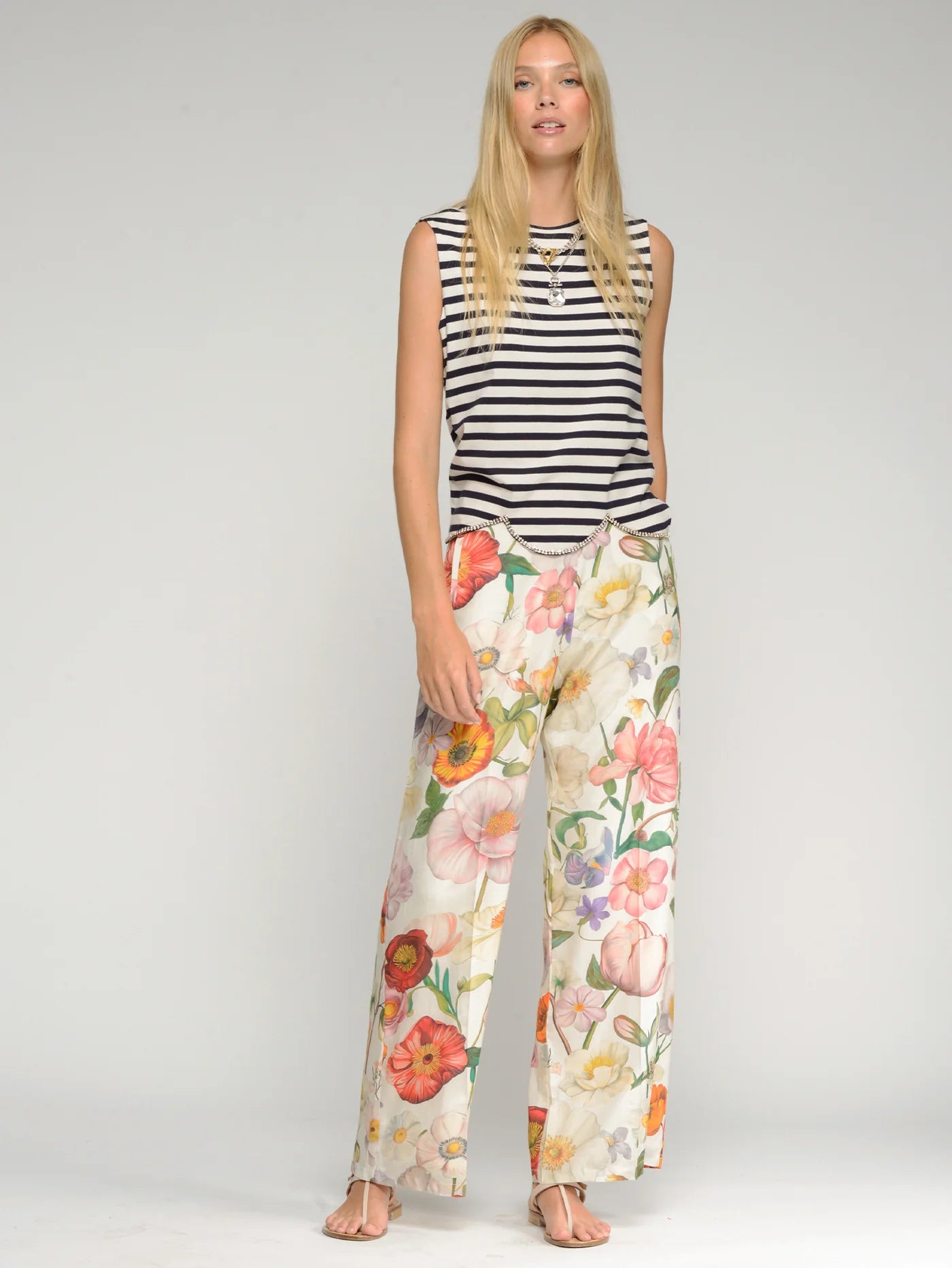 Illustrated Floral Wide Leg Linen Pant
