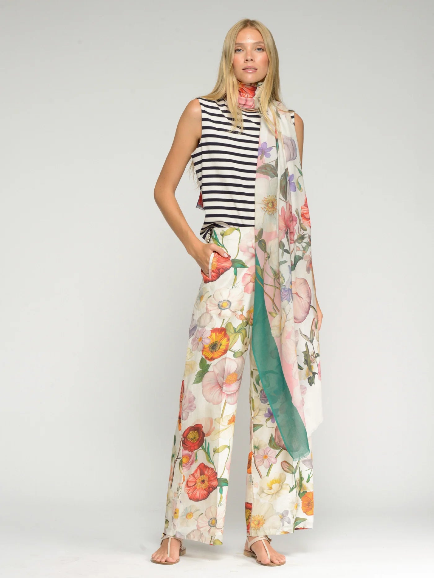 Illustrated Floral Wide Leg Linen Pant