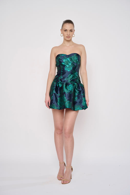 Rory Dress in Navy Green Brocade