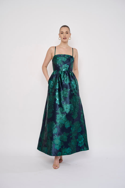 Mecca Dress in Navy Green Brocade