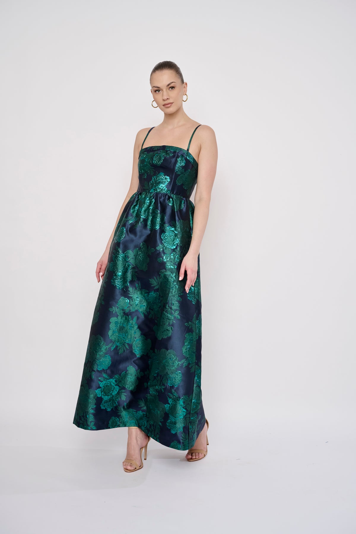 Mecca Dress in Navy Green Brocade