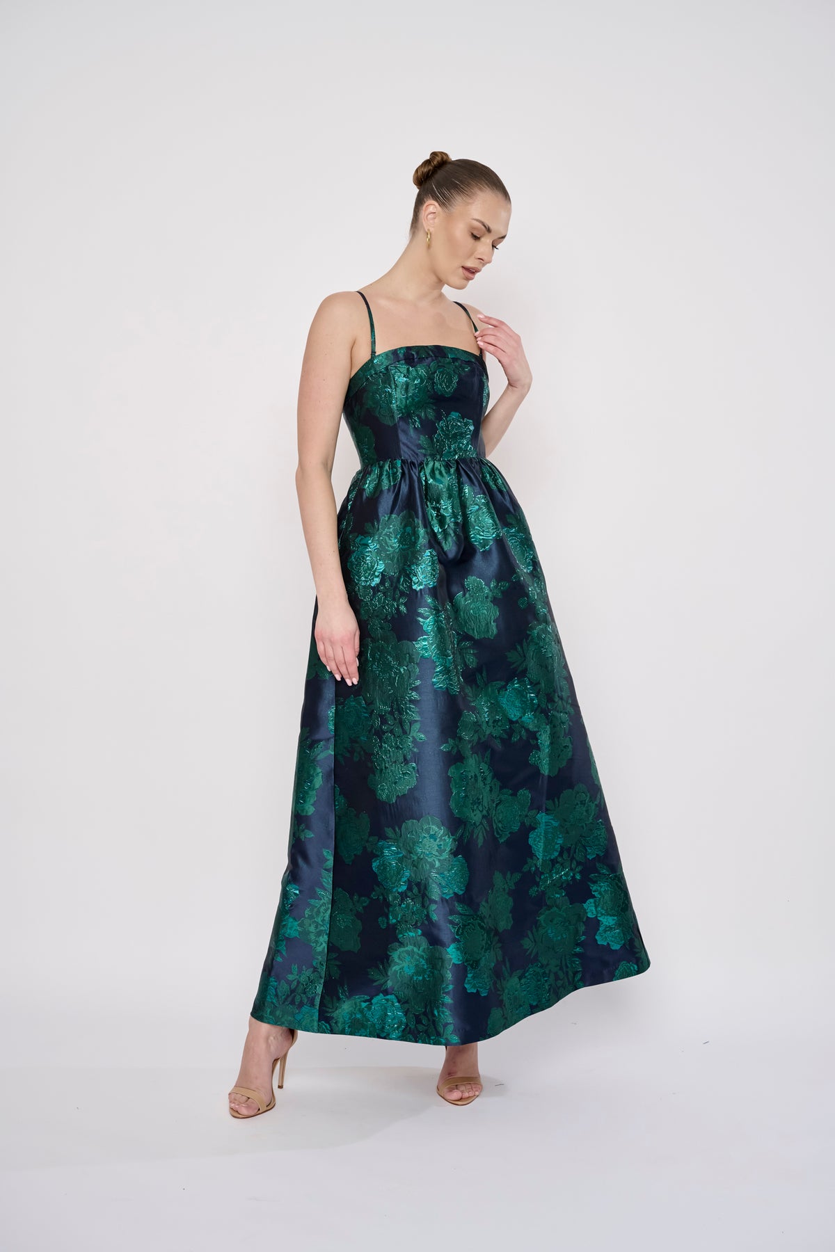 Mecca Dress in Navy Green Brocade