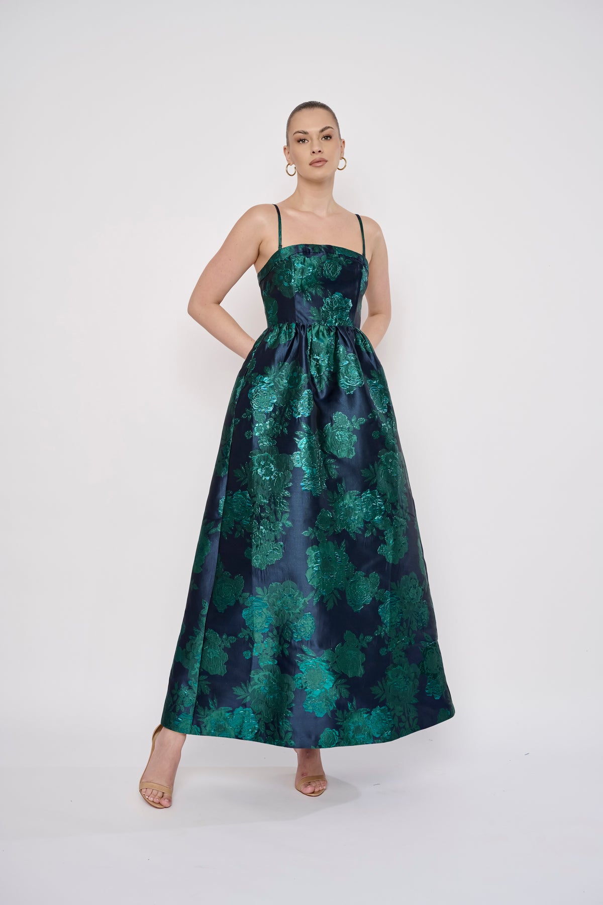 Mecca Dress in Navy Green Brocade