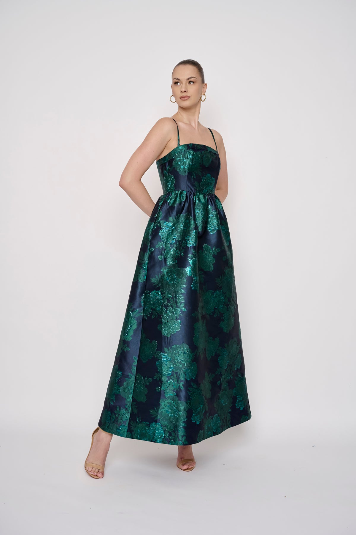Mecca Dress in Navy Green Brocade