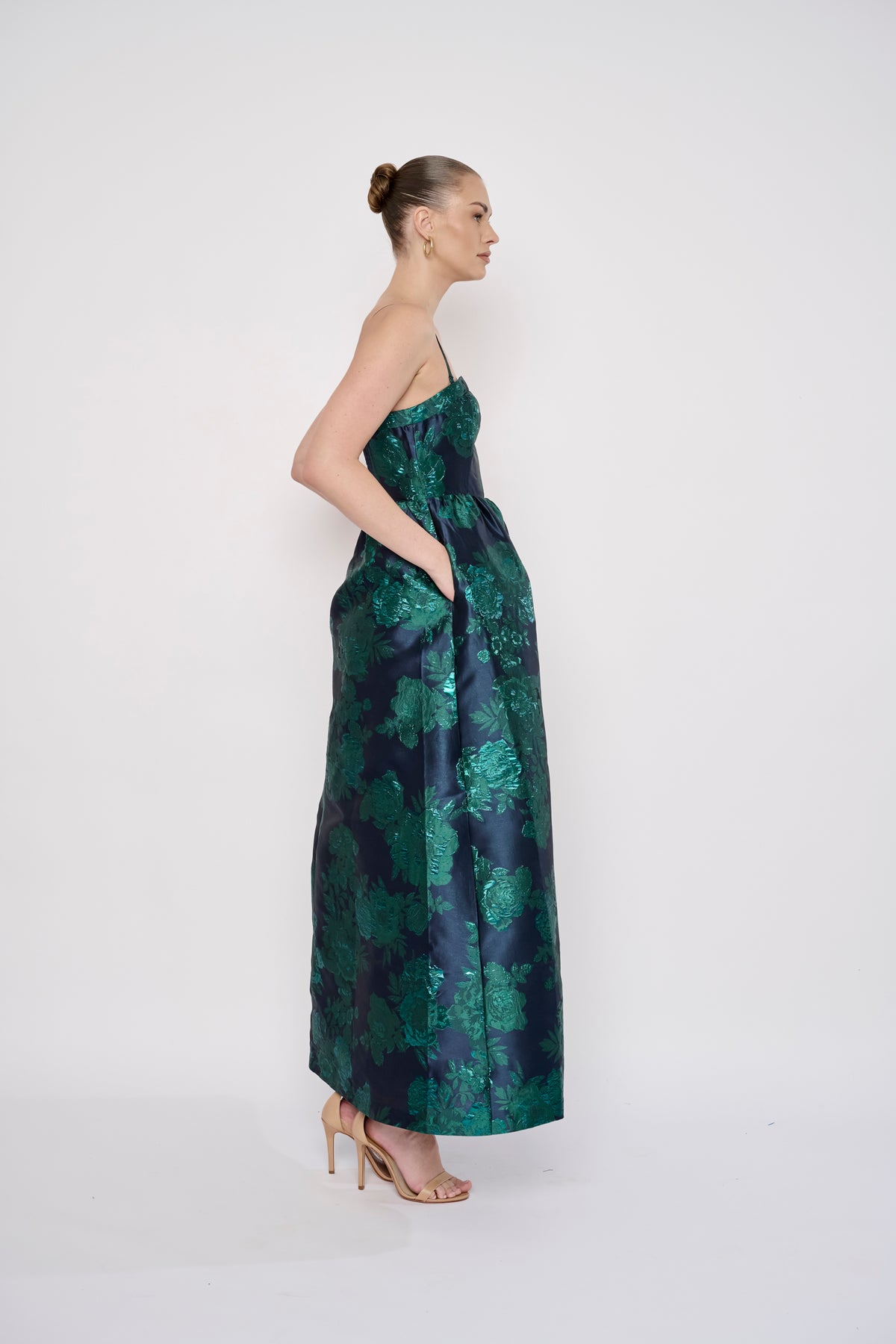 Mecca Dress in Navy Green Brocade