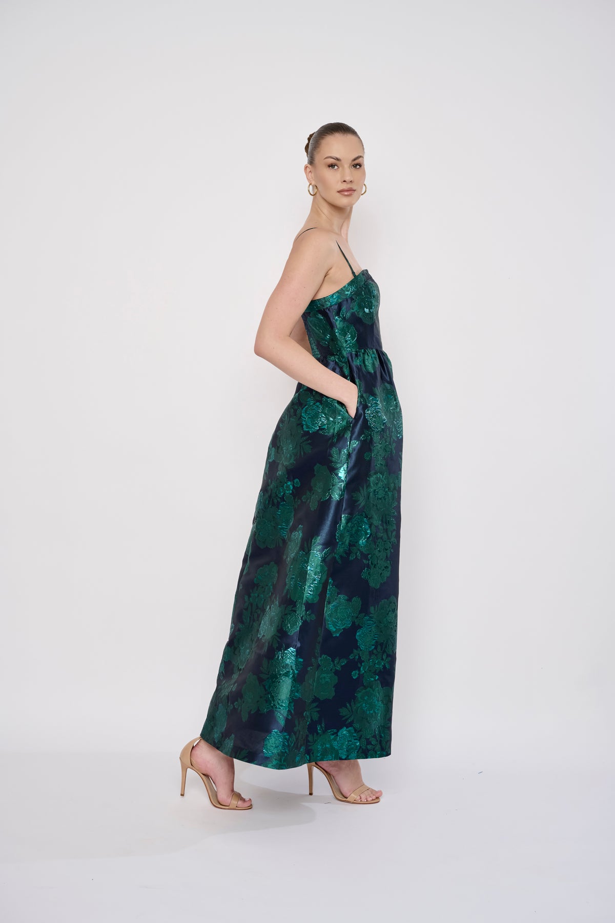 Mecca Dress in Navy Green Brocade