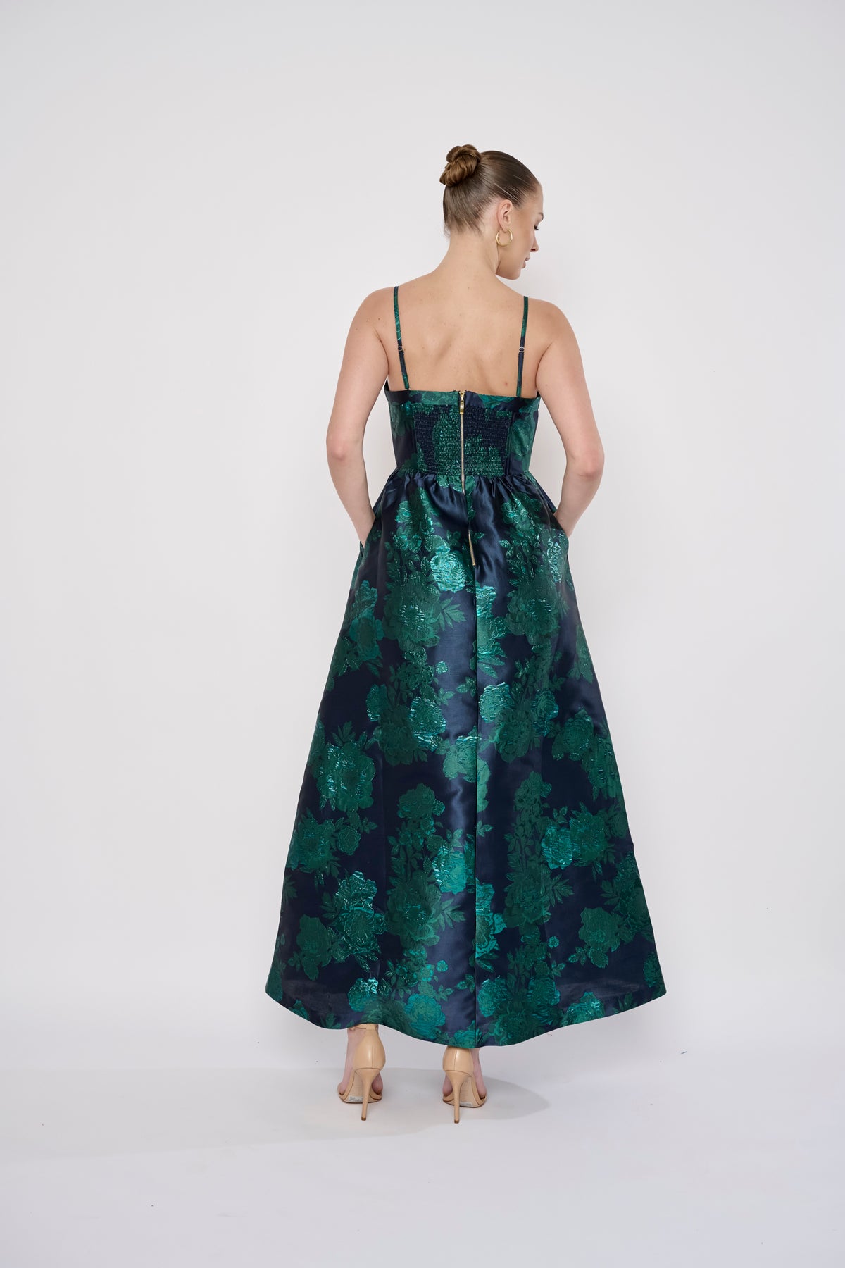 Mecca Dress in Navy Green Brocade